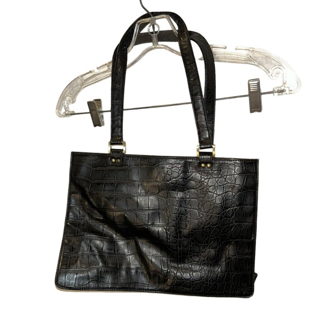 magaschoni black croc imprint polyurethane tote bag purse